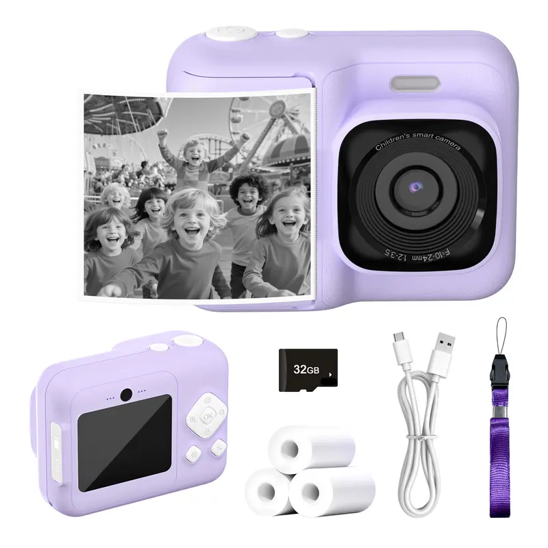 Kids' HD Digital Instant Print Camera - AI Printer, Portable Soft Plastic Durable Toy Photographic Kit with 32GB SD Card, 3 Rolls Printing Paper, Button Operation, HD Video Rec, Colorful Electronic Gift Set for Boys, Instant Photobooth Accessory