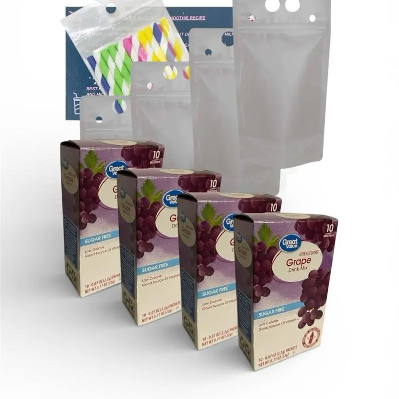 Great Value Sugar Free Low Calorie Grape Hydration Powders Drink Mix Bundle 40 Packets 4 Boxes Reusable Pouches Smoothie Recipe Card Eco-Friendly Straws
