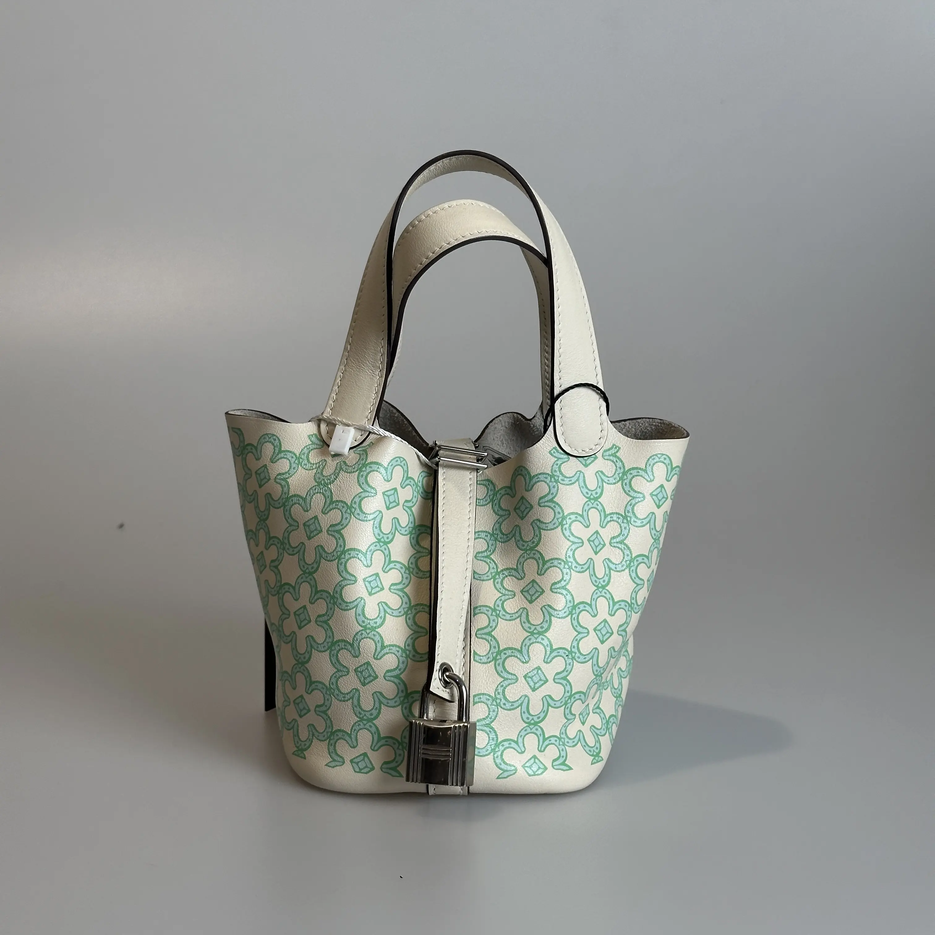 Pre-owned HERMÈS Swift Top Handle Bag Picotin Lock Micro 14 Lucky Daisy in Cream White With Mint Green Daisy Motif Silver tone Clasp 43400889 Sold As Is / Final Sale