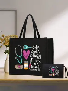 Nurse Theme Handbag and Makeup Bag Set, Casual Style, Fabric Material, Fixed Shoulder Strap, Stethoscope, Heart, Syringe, Thermometer Patterns