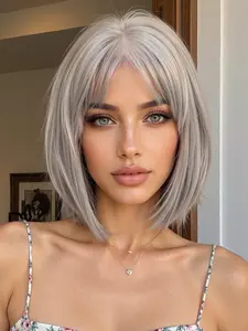 14 Inch Women's Wig with Bangs, Silver, Synthetic Wig, Natural Looking Wig, Natural Look, Comfortable Wear, Suitable for All Ages, Daily Use