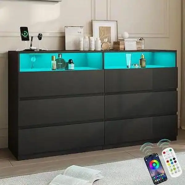 Vipbear - 6-Drawer Double Dresser with Power Outlet & LED Lights, Wide Storage Chest with Open Shelving - Black