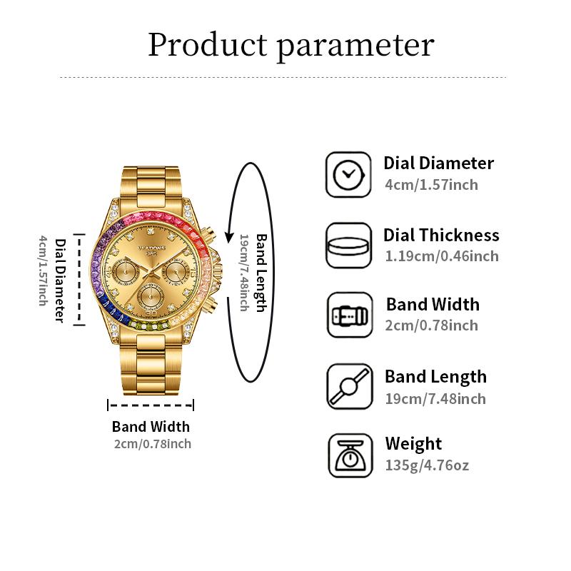 VEADONS Men's Business Fashion Rhinestone Decorated AnalogQuartz Watch Rainbow Crystal Chronograph Quartz Movement Luminous Date WaterResistant for Party Daily Wear Birthday Gift with Box