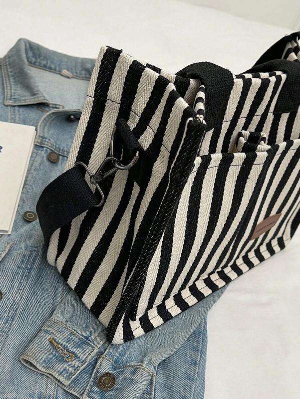 Stylish Black White Vertical Stripe Canvas Tote Bag with Shoulder Strap – Lightweight, Casual, Spacious, Durable Handbag for Women – Daily, Work, Travel, School Use