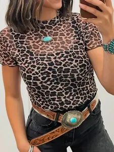 Women's Leopard Print Mesh Top, Short Sleeve Mock Neck Sheer Tee with Lettuce Trim, Slim Fit Lightweight Layering Shirt for Summer