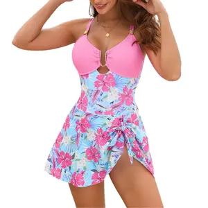New Women's Pink Floral Swimsuit Dress, Cutout Tied Waist Beach Cover Up Bathing Suit, Suitable For Seaside Vacation