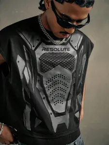 Unisex Cyber Mecha Armor Graphic Cropped Tank Top, Heavyweight Cotton, Techwear Dark Streetwear, Summer Gym & Streetwear Vest