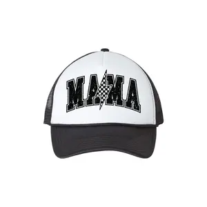 Mama Checkered Lightning Bolt Trucker Hat- Trendy Adjustable Cap for Moms & Mothers- Distressed Graphic Snapback for Mom