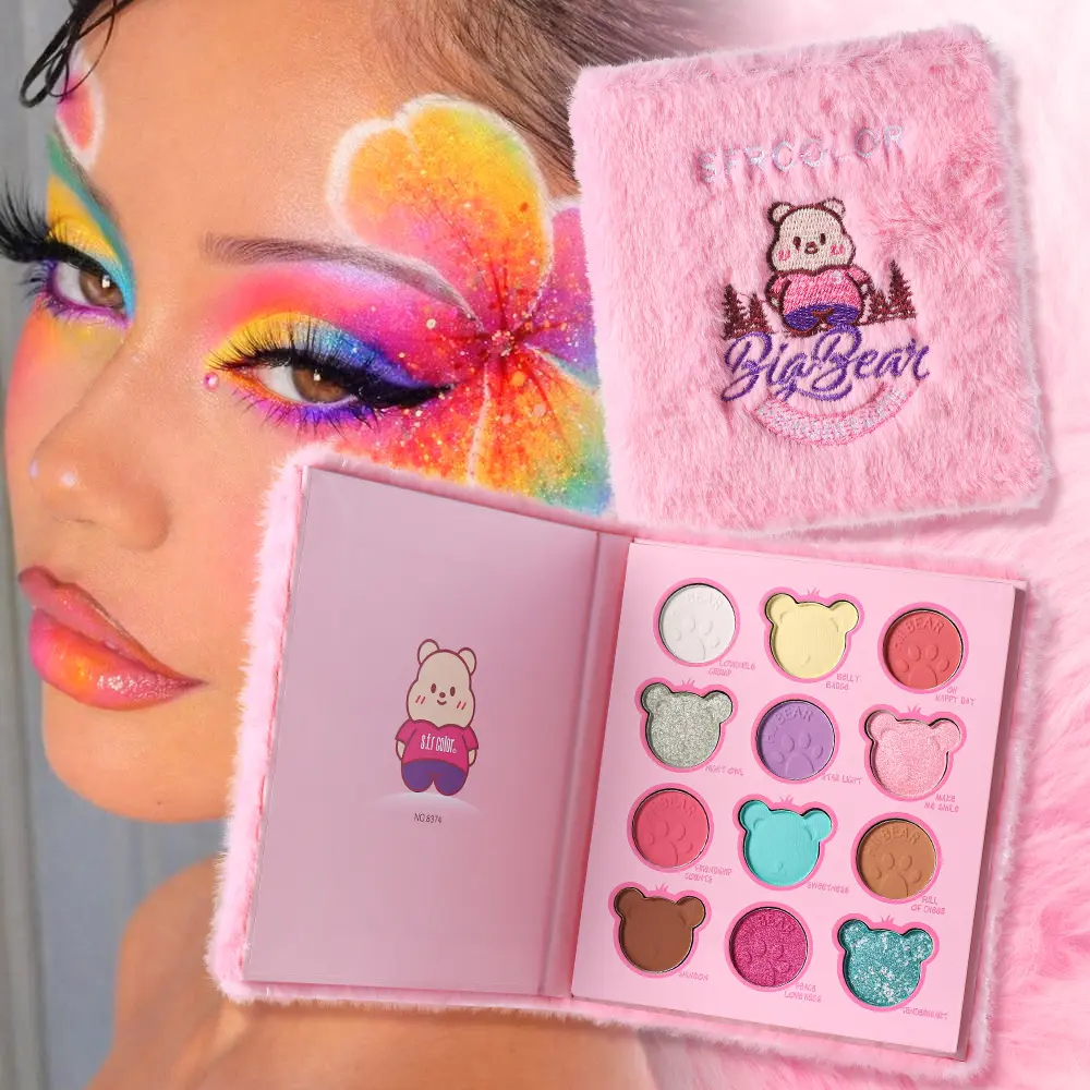 s.f.r color Big Bear Eyeshadow Palette, 12-Colors Cute Pink Bear Makeup Palette, Matte Shimmer Glitter Eye Shadow Set for Girls, Valentine Christmas Gift Makeup Kit Eyeshadow Makeup Cosmetic