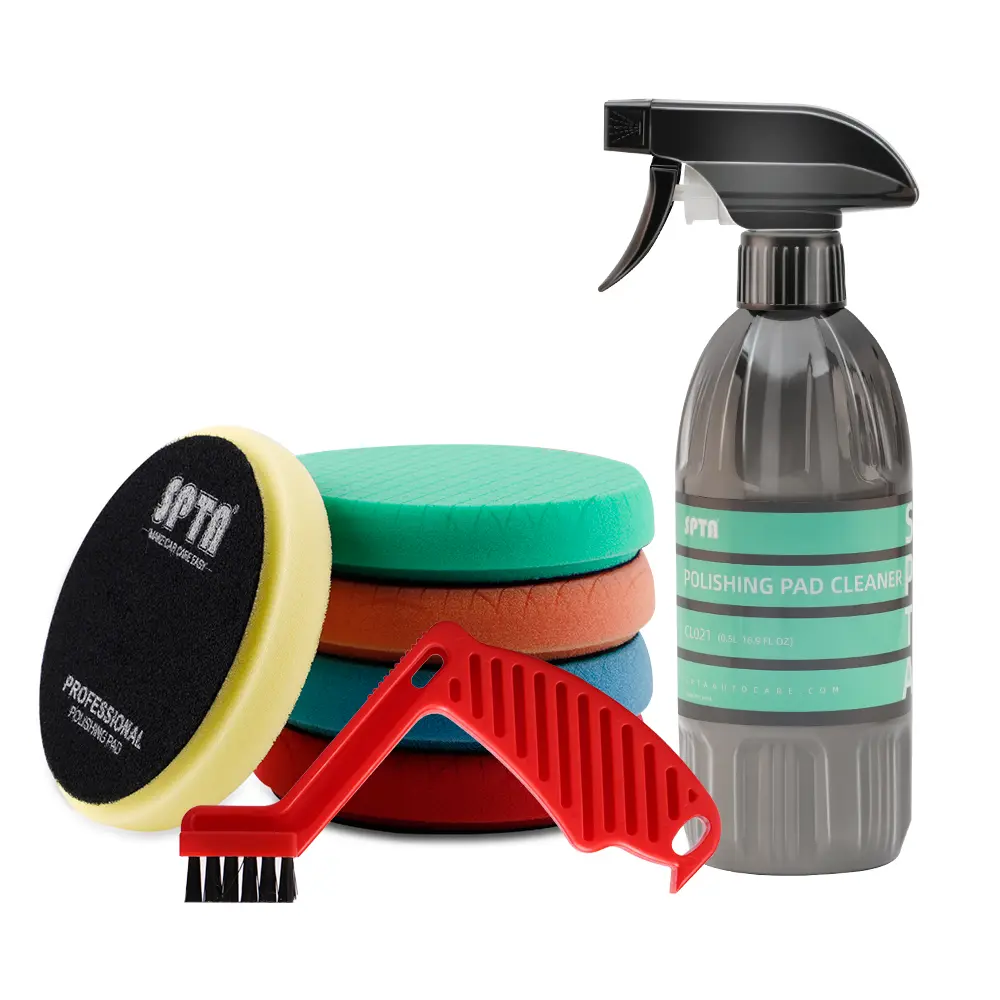 SPTA 7-Piece Automotive Detailing Set for Cars/Motorcycles - Multi-Size Pads (3/5/6/7 inch, 5 Pcs), 1-16 oz Buffing Polish Cleaner, 1 Conditioning Brush for Dual Action & Rotary Polishers
