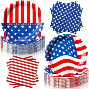 96 count Memorial Day Tableware Set for 48 Guests Include 48 count 7 Inch Dessert Plates and 48 Napkins Patriotic   Flag Dinnerware for 250th Anniversary Independence Day Party