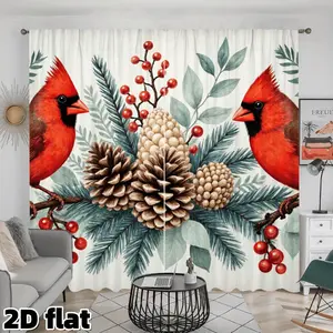 2D Flat 2Pcs Cardinal Bird Pine Cone Berries Pattern Curtains Natural Holiday Theme Rod Pocket Style Suitable for Living Room Bedroom Kitchen Study Window Decoration Christmas Gift Window Treatment Privacy Protection