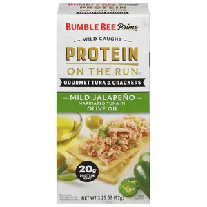 Protein on the Run Tuna Snack Kit - Gourmet Tuna Marinated in Olive Oil & Mild Jalapeno with Crackers and Serving Utensil - 20g of Protein Per Serving, Easy Open Can