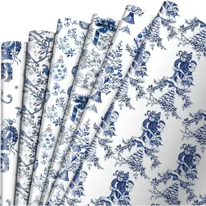 12 Sheets  Christmas Wrapping Paper Blue Toile Xmas  Wrap Paper 19 x 27 Inches Santa Claus Chinoiserie Floral Design for Holiday Birthdays Party Craft Decorations
