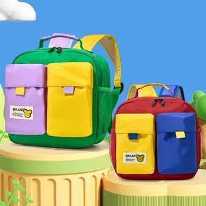 Kindergarten small and medium class baby backpack cartoon bear color-blocking boys and girls double shoulder bag new children's backpack