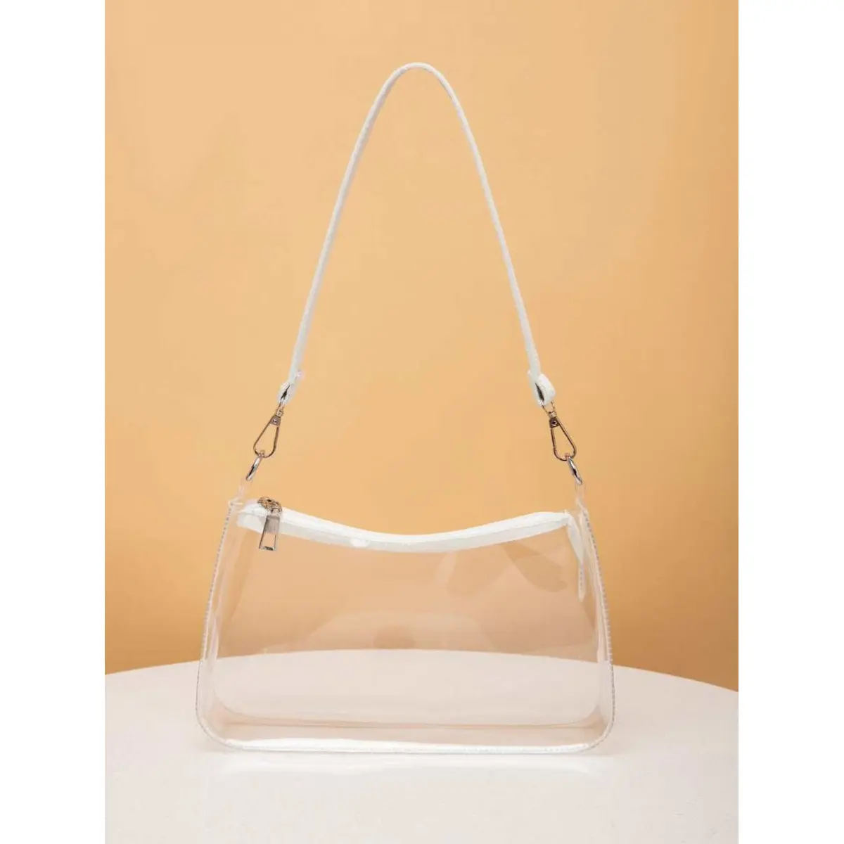 Clear Transparent PVC Baguette Shoulder Bag for Women Minimalist Small Zipper Handbag with Top Handle 19cm x 14cm x 7cm Ultra Lightweight Waterproof Durable