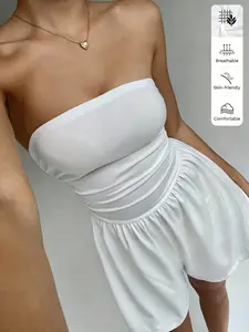 White Ruched Jumpsuit for Women - Strapless Casual Romper - Perfect for Parties