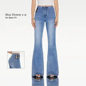 CANANA Plus Size Super Stretchy Mid Rise Butterfly Flare Jeans for Women SH25F04 Bootcut Denim Pants Regular Fit with Stretch Material & Butterfly Lace Embroidery - Bottom