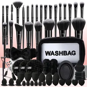 Professional 65Pcs Makeup Brush Kit Includes Black Makeup Brush & Washbag & Makeup Sponges & Finger Puffs & Wristbands & Headband & Cleaning Brush & Triangle Puff & Cleaning Sponge & Eye Makeup Tools for Achieving A Charming Makeup Look Makeup Brushes Set