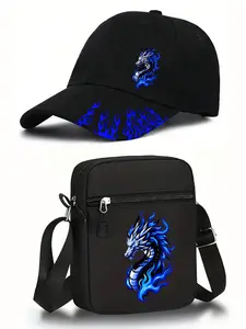 Blue Flame and Dragon Print Set, Unisex Baseball Cap and Crossbody Bag, Street Fashion Outdoor Sports Hat and Shoulder Bag, Adjustable Gift, Streetwear