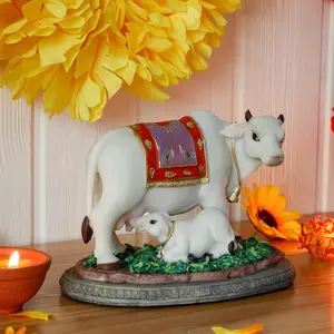 Hindu God Cow Calf Statue- 6.7" L Indian Idol Cow with Calf Figurines Gifts for Indian Friends Family Friends Family Diwali Gifts Murti Pooja Item Home Office Mandir Temple Puja Decor