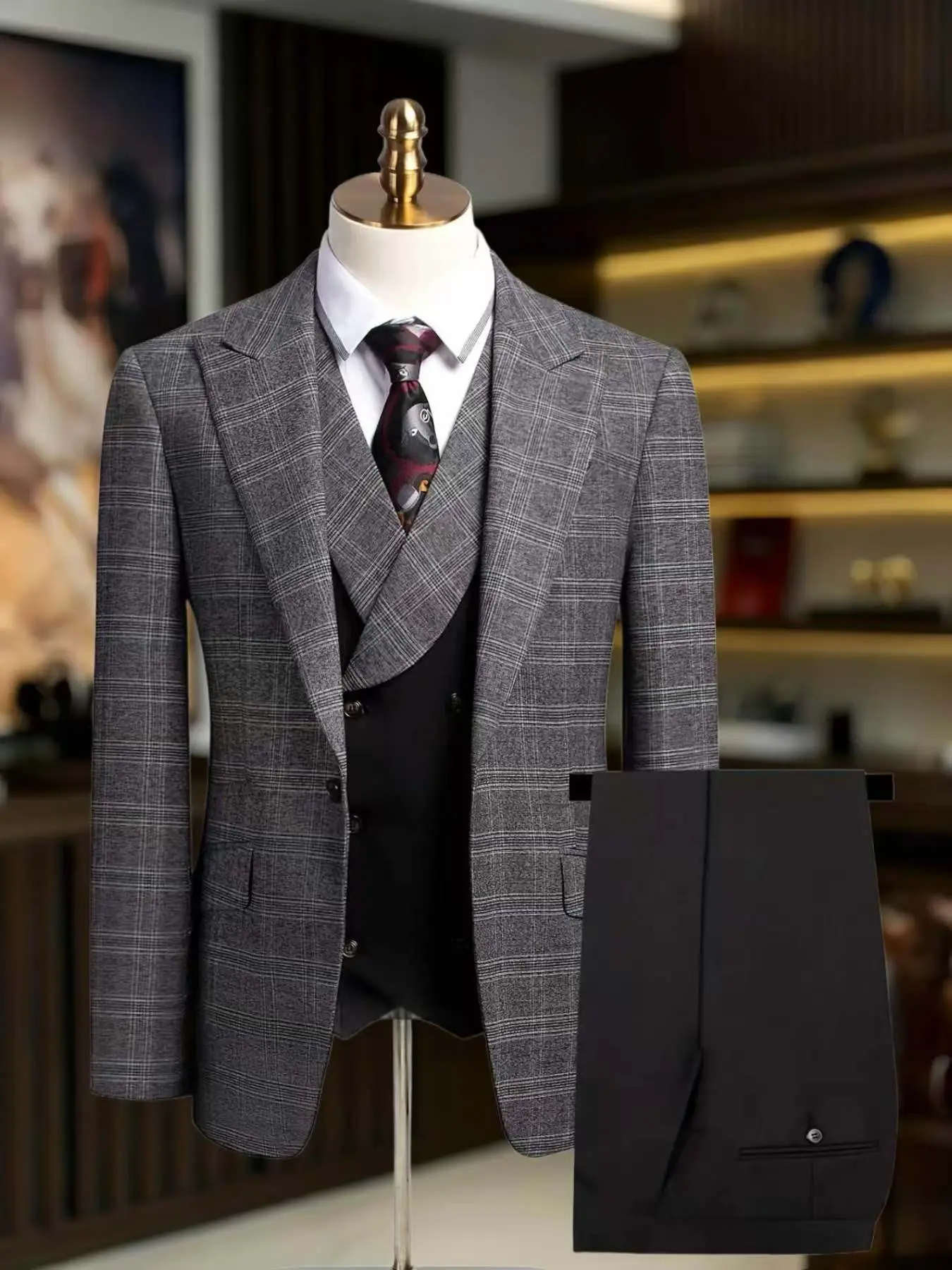 Wedding Men's Suit Menswear Collared Plaid Checked 3pcs Set Jacket + Vest + Pants, business, Casual, Formal Wear Suits