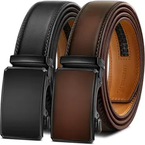 Men Belt 2 Pack, Leather Ratchet Belt Easy Click Slide For Men 1 3/8",Cut for Fit