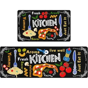 Black Kitchen Mat Set 2 count Anti- Washable Kitchen Rug Runner with Fun Italian  Pizza Pasta Design Non-Slip Floor Mat for Kitchen (Black, ''x17.3''+29''x17.3'')