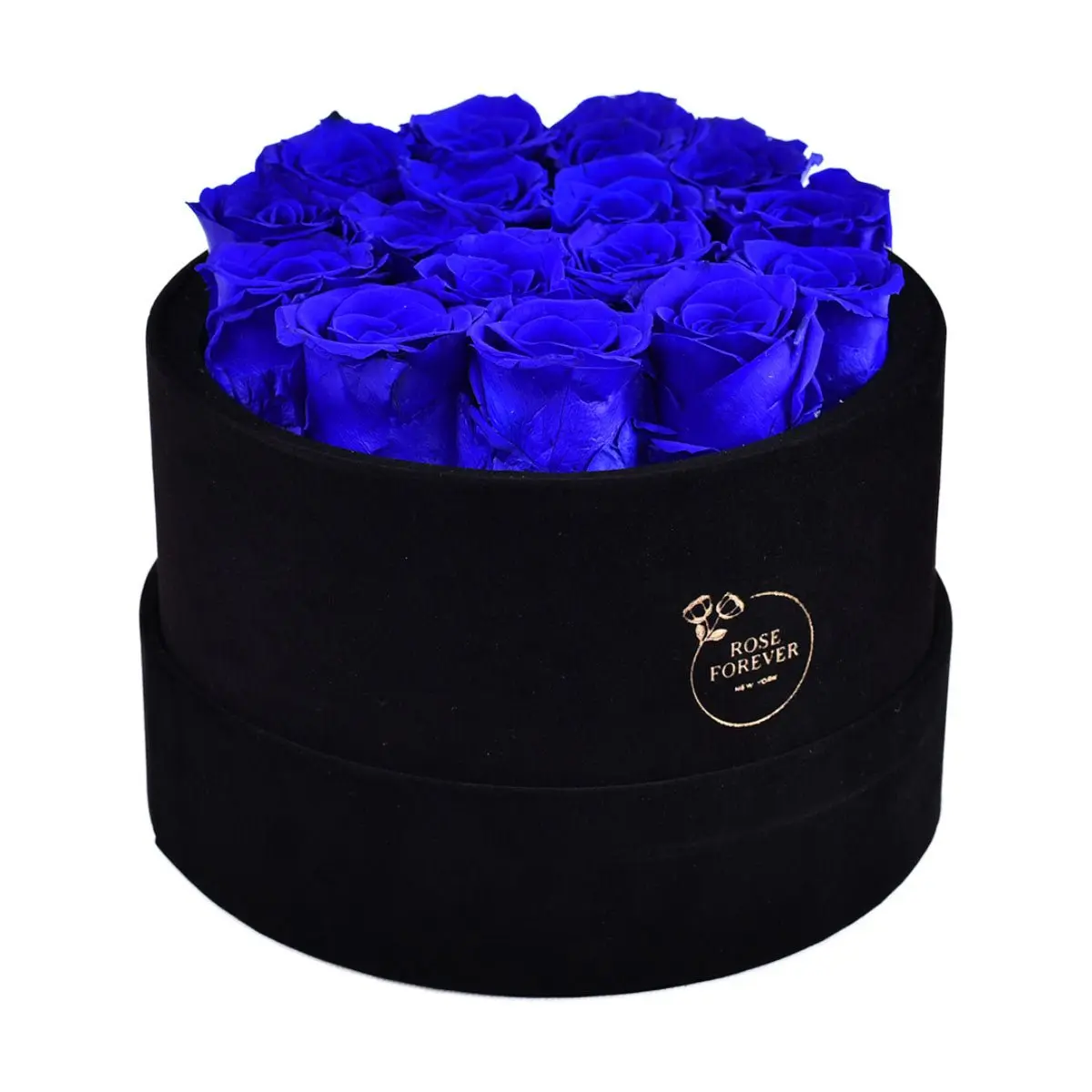 16 Royal Blue Roses - Black Round Velvet Box