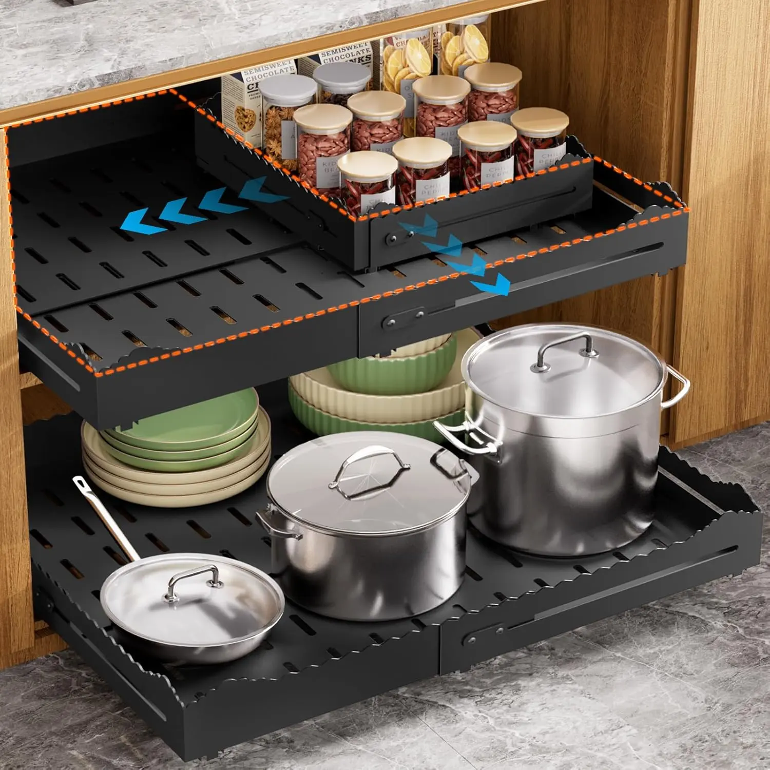 Pull Out Drawers for Cabinets, Expandable Pull Out Cabinet Organizer 11-18" Width,13-24" Depth, Roll Out Shelves for Cabinets without Lip, No Drill Adjustable Slide Out Drawers for Kitchen & Pantry BELVIORU
