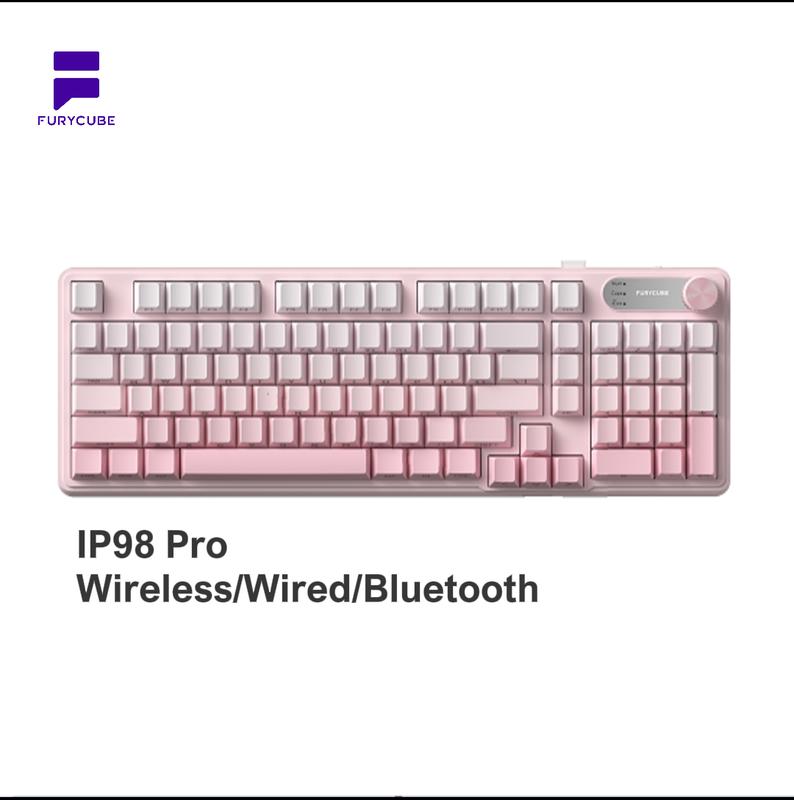 FURYCUBE IP98 Foudation Keyboard, 98 keys with Knob Transparent Keycaps Tri-Mode BT/2.4GHz/USB-C Cute Classic Keyboard with Number Pad, Media Knob Custom Mechanical Feel Keyboard, RGB Backlit Work/Office/Gaming Silent Keyboard, Budget Gift