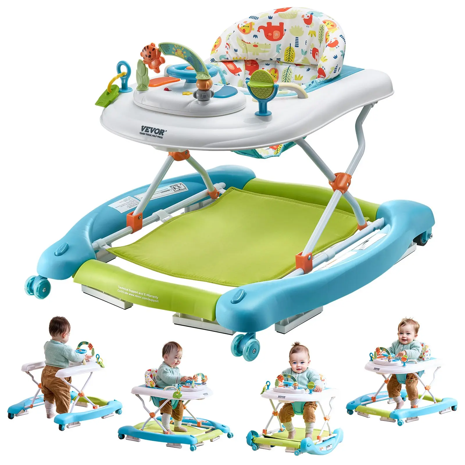 VEVOR 4-in-1 Baby Walker, Foldable Baby Activity Center on Wheels, 3 Adjustable Height, Music & Toys Tray, Learning-Seated |   Walk-Behind |   Rocker |   Bouncer Toddler Walker for Girls Boys 6-24 MonthsSummervibes
