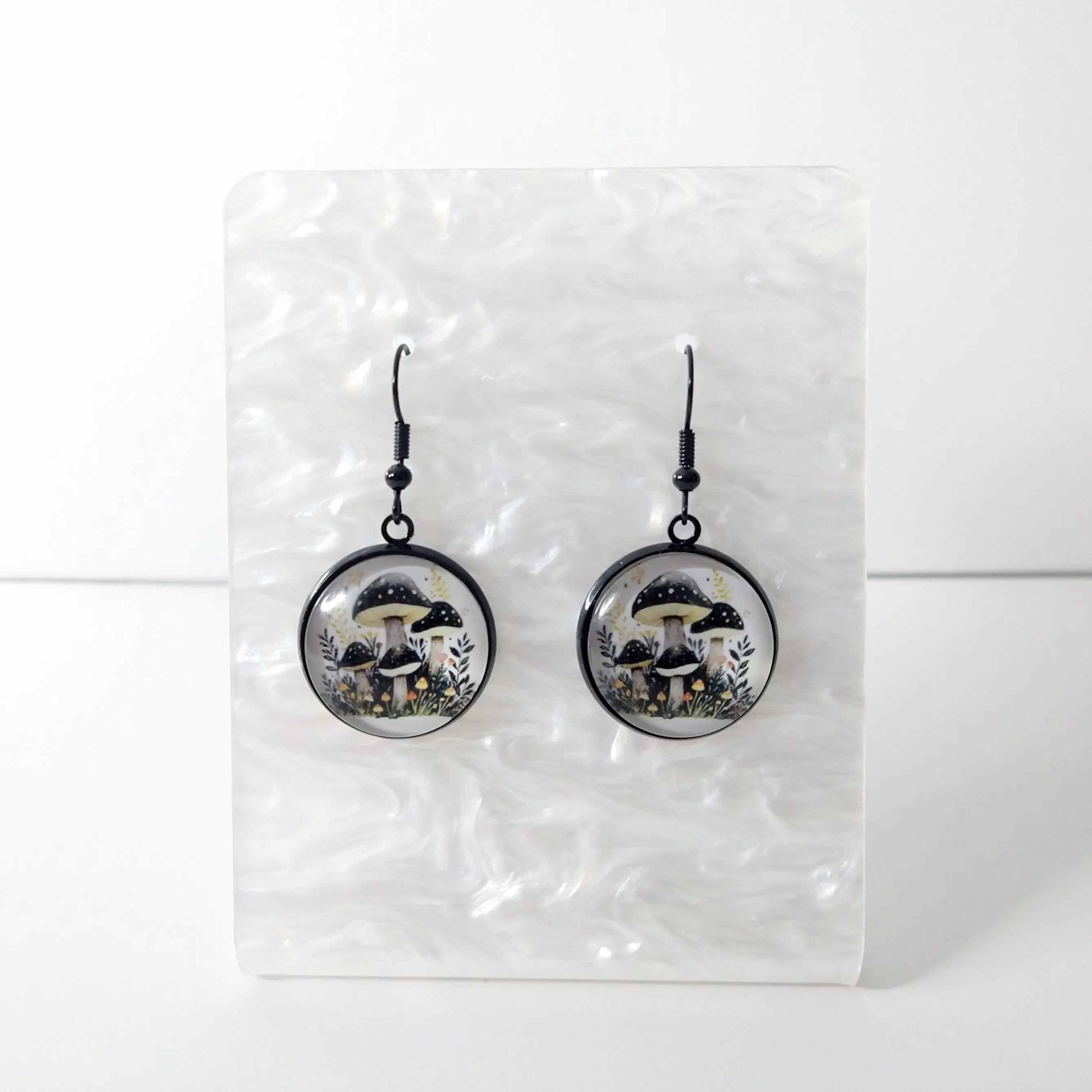 #319 Black & White Mushrooms with Small Orange Mushrooms Earrings, Casual, Food, Nature Jewelry