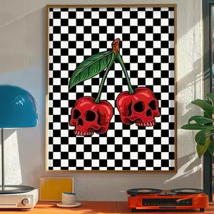 Cherry Skull Face Checkered Print Poster for Home & Office Wall Decor - Cartoon Theme, Oil Medium, Indoor Use, Ideal for Halloween