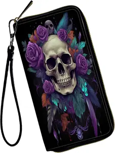 Women Wallets,Large Capacity Clutch Purse for Women Ladie Wallet Clearance Credit Card Holder PU Leather Handbag Clutch Purse,Purple Roses and Skulls