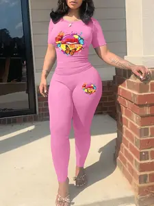 Lip Pattern Print Two-Piece Set Women's Top & Skinny Pants, Casual Fashion Cozy Round Neck Short Sleeve T-Shirt & Trousers for Daily Outdoor Wear, Ladies Summer Clothes, Womenswear