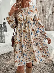 Women's Floral Print Round Neck Ruffle Hem Loose Vacation Dress, Fashionable Printed Design, Perfect for Spring & Fall Casual Wear, Summer