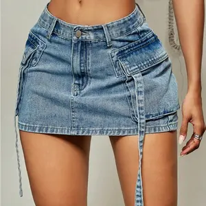 Y2K Street Flap Pocket Tape Detail Cargo Denim Mini Skirt Summer Hottie Outfit Fabric Womenswear Light Wash Polyester All Over Print Zipper Lined Bodycon Style Bottom Palda