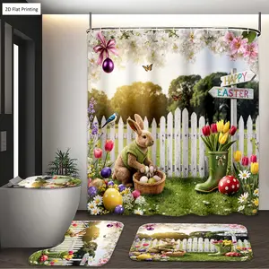 1/3/4PCS EASTER DECOR WITH BUNNY EGGS FLOWERS AND BOOTS Shower Curtain Set with Rugs, Non Slip Bath Mat, U-Shape Carpet, Toilet Lid Cover, Bathtub Curtain Accessories, 12 Hooks, Home Bathroom Festival Decor