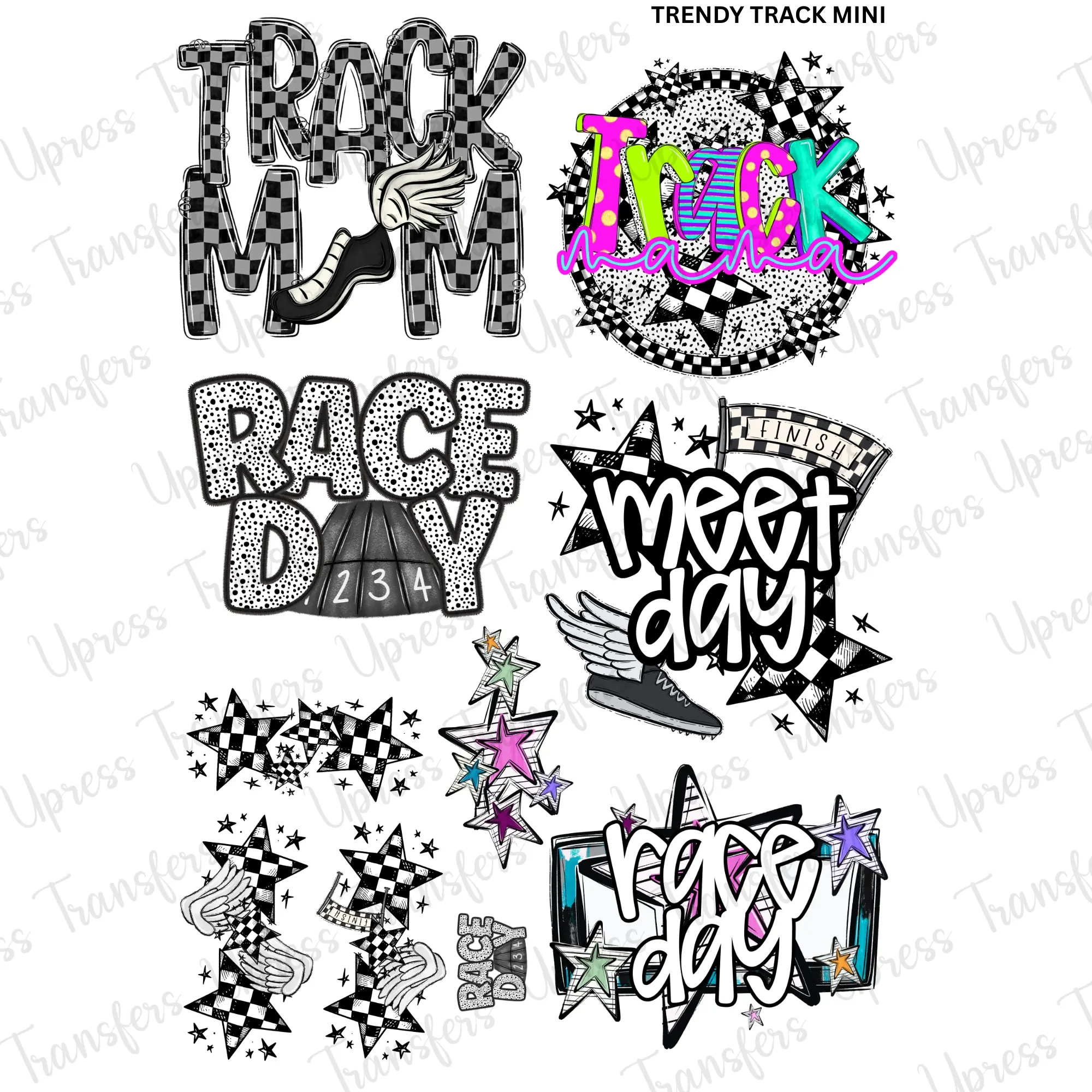 Trendy Track Mini DTF Transfer Gang Sheet 24.5" wide x 36" long. Direct To Film Mini Gang Sheet