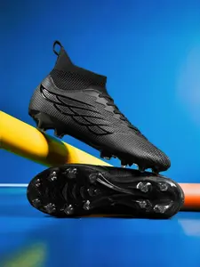 Lace up High Top Football Shoes, Anti-slip Spike Soccer Shoes, Matching Black Football Cleats, Solid Color Outdoor Sports Training Shoes, Men Shoes