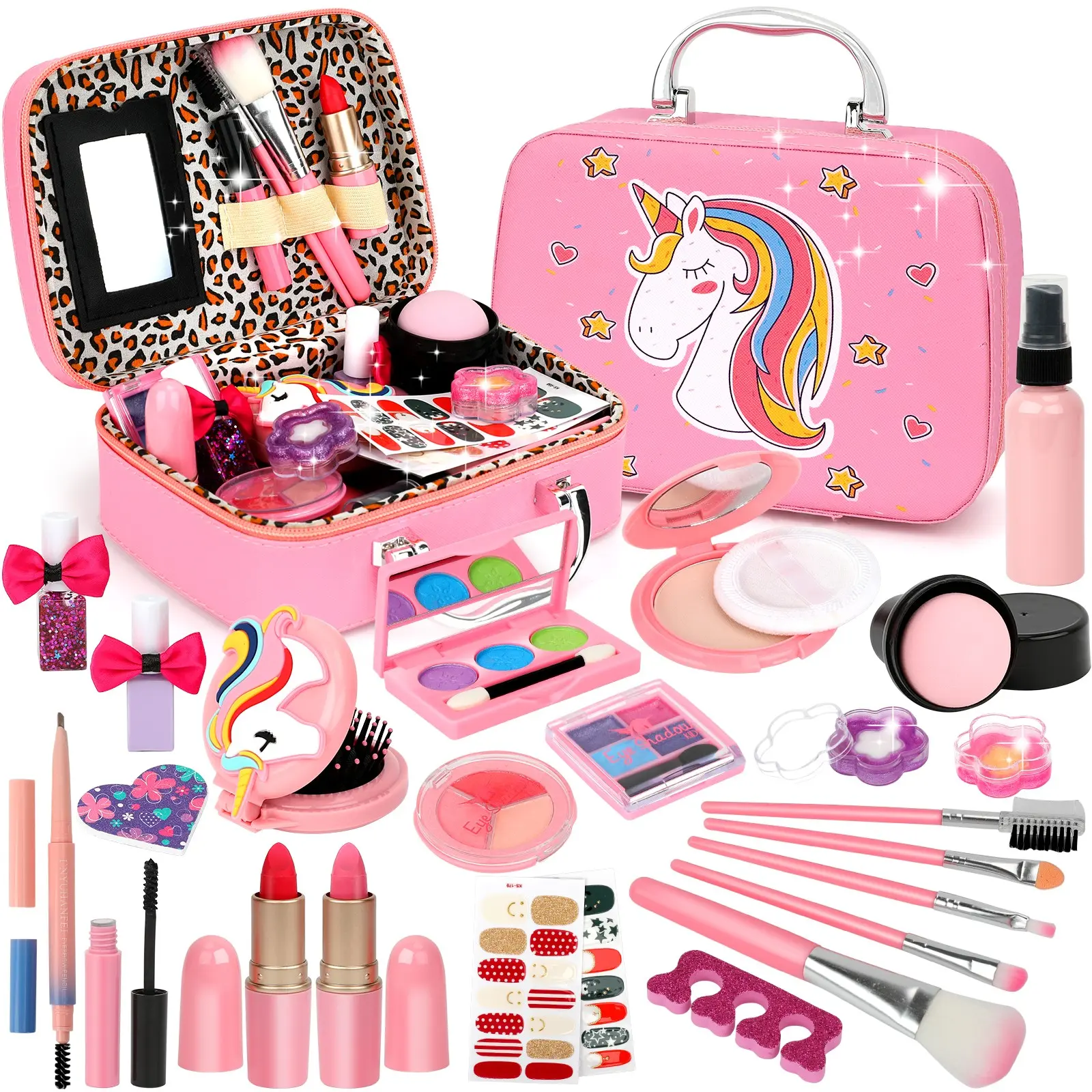 25 PCS Washable Kids Makeup Kit for Little Girls, Safe Non-Toxic Real Makeup Set with Case & Mirror, Includes Nail Polish, Lipstick, Toddler Cosmetics for Princess Dress Up, Toys for 3-12 Year Old Girls, Christmas Birthday Gifts