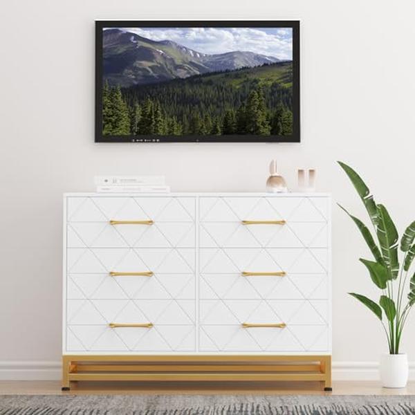 White Dresser for Bedroom with 6 Drawers, Wood Chest of Drawers, TV Stand, Morden Dresser for Closet, Living Room, Hallway, Nursery