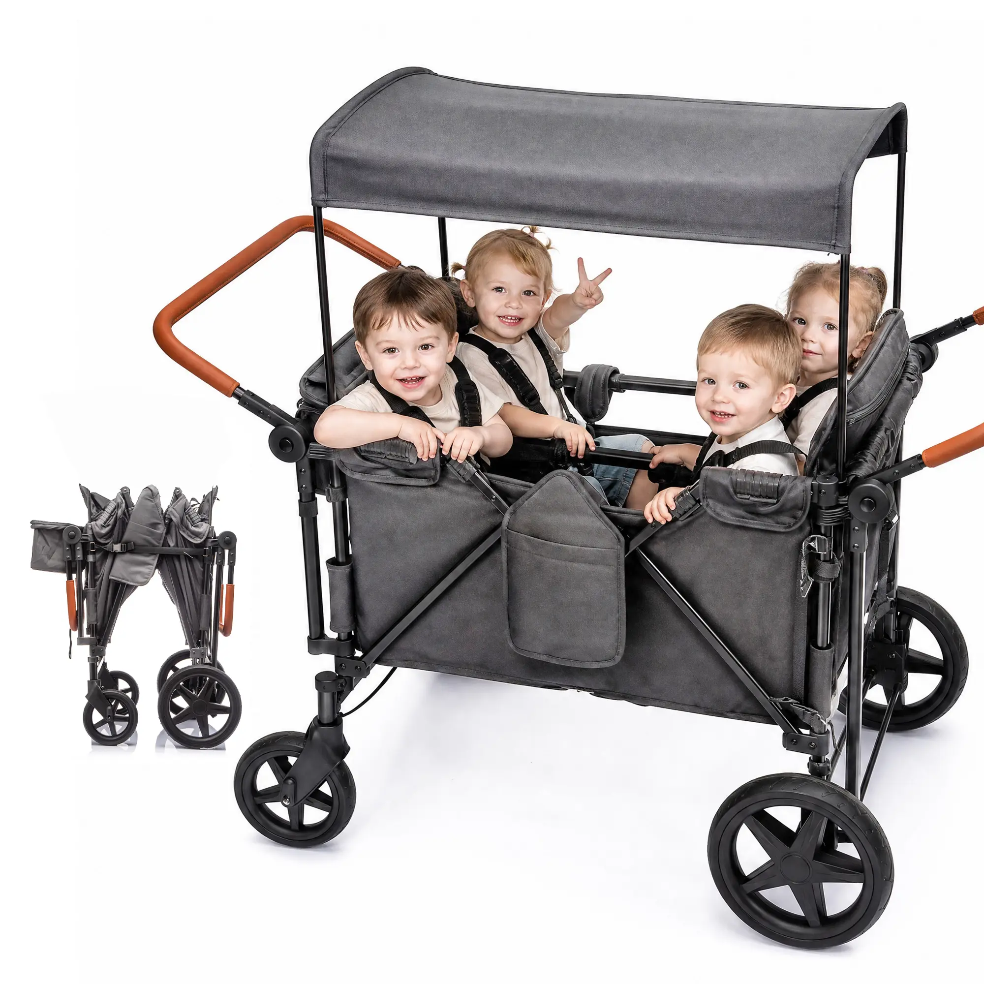 Wogan Baby Stroller - Removable 4-Seater, Extra-Thick Support Bar, 212 Load Capacity, Multi-Zone Storage, 5-Point Harness, Dual Leather Handles, All-Terrain PU Wheels with Suspension, 1-Step Brake