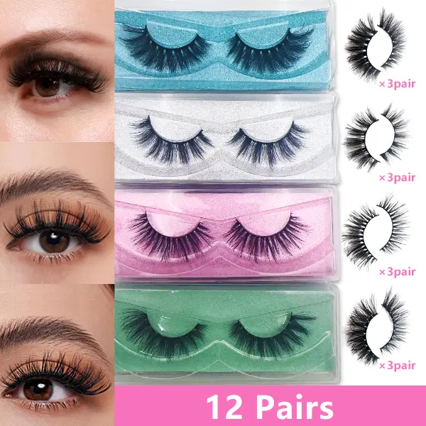 New 12 pairs of fluffy and thick 3D false eyelashes, bulk eyelashes Christmas gift, 3D cat eye eyelashes naturally soft, plump eyelashes false eyelashes, European and American style thick, dramatic messy mink eyelashes slim eyelashes