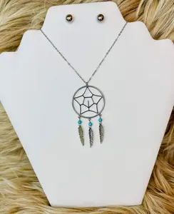 Stainless Steel Dream Catcher Necklace with Small Turquoise Beads - Fashion Accessories