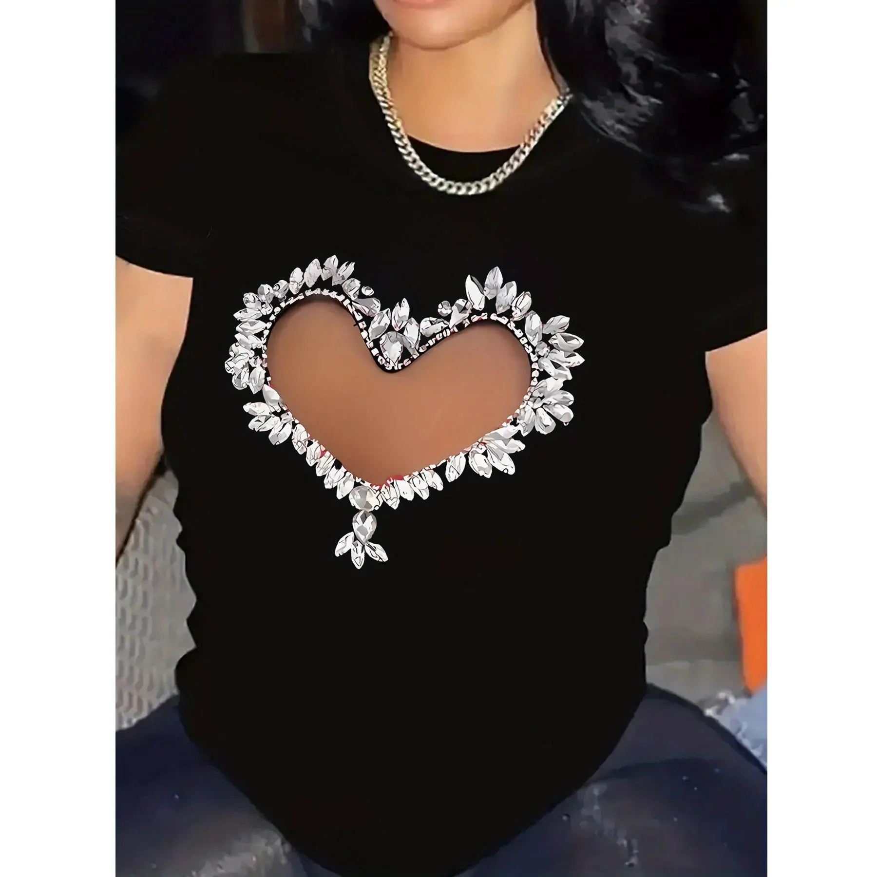 Lady's 100% Cotton Round Neck Short-Sleeve Tshirt - Casual Top with Sparkling Gemstone Heart Cutout for Daily Wear, Digital Print, Minimalist Basic, Ruffled Sleeves, Shortsleeve, Women, Gem Heart Cutout, All Seasons, T-Shirt Top, Crew Neck, Elegant, Knitt