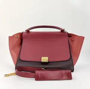 Pre-owned Celine leather Crossbody Bags Satin Baby Grained Calfskin Small Tri Color Trapeze Carmin J00106