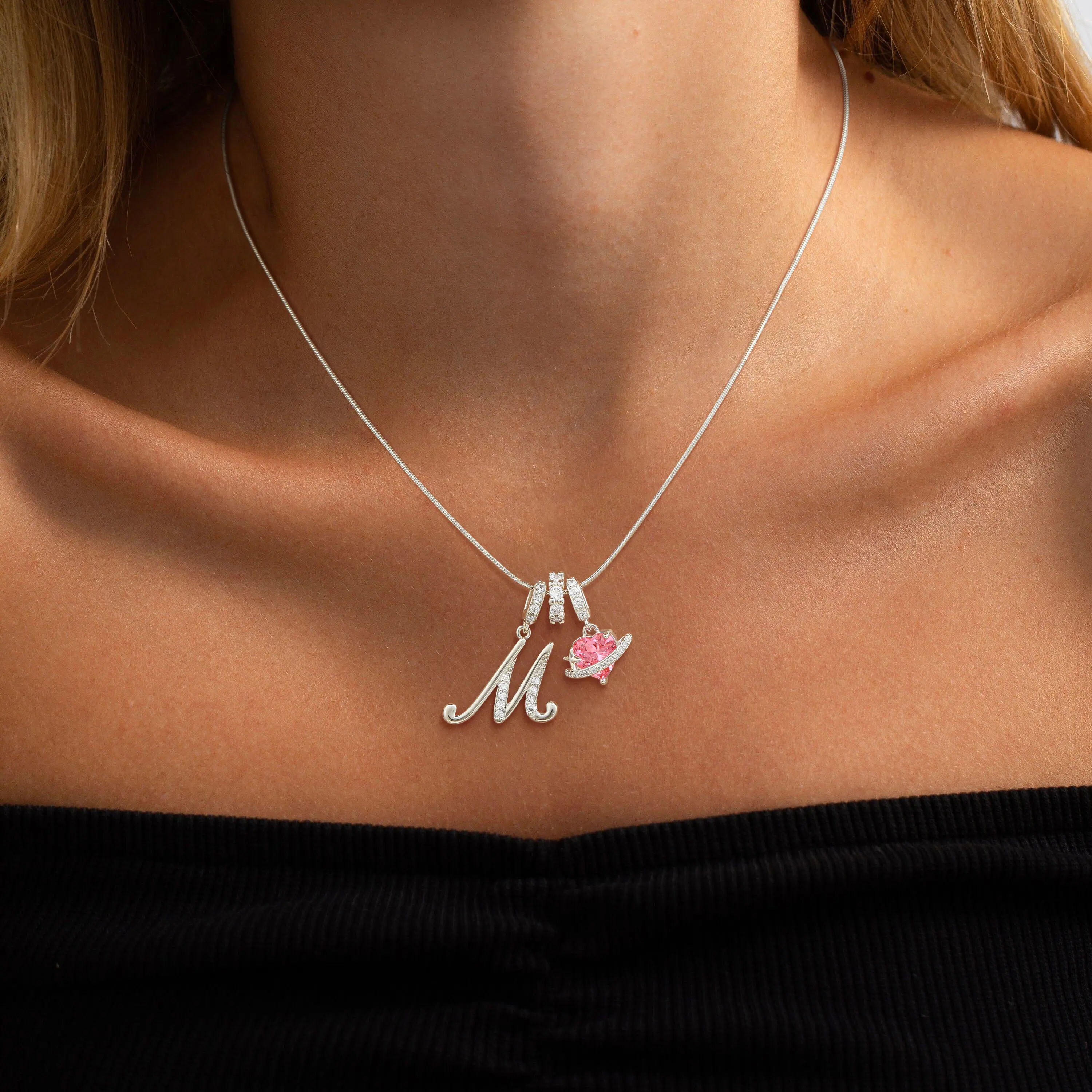 Loyalove Gold Layered 3-Layering Initial A-Z Letter Pendant Necklaces for Women Snake Chain Choker Personalized Pink  Heart CZ Capital Necklace Adjustable Party Jewelry for Valentine's Day Gift