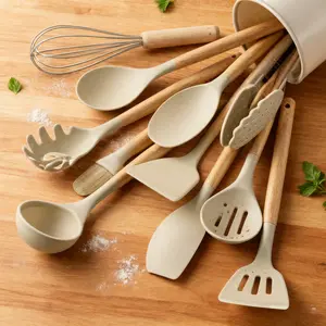 12-piece set of silicone cooking kitchenware, wooden handles, high-temperature resistant kitchenware scraper set, non-stick cookware (khaki)
